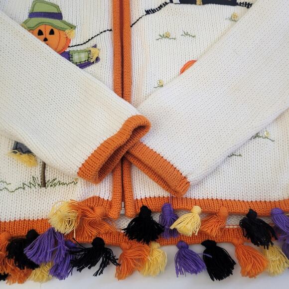 Halloween Pumpkin Sweater Hooded Youth 6/6X Scarecrow House Bat Full Zip Tassels - Picture 8 of 15